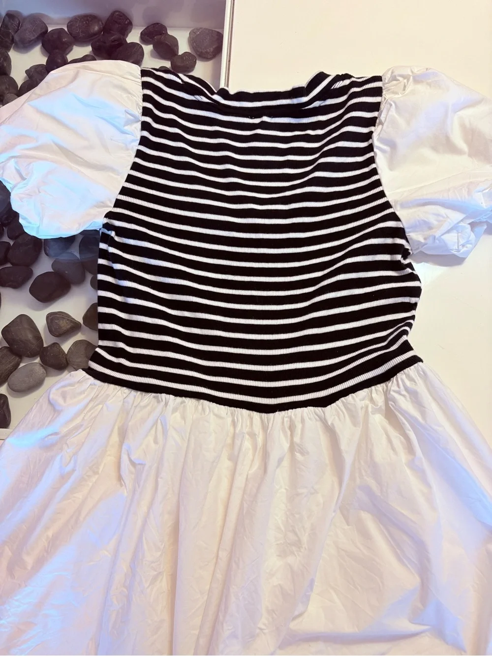 Maeve Striped Bodice Puff-Sleeve Midi Dress in White and Black - Picture 13 of 15